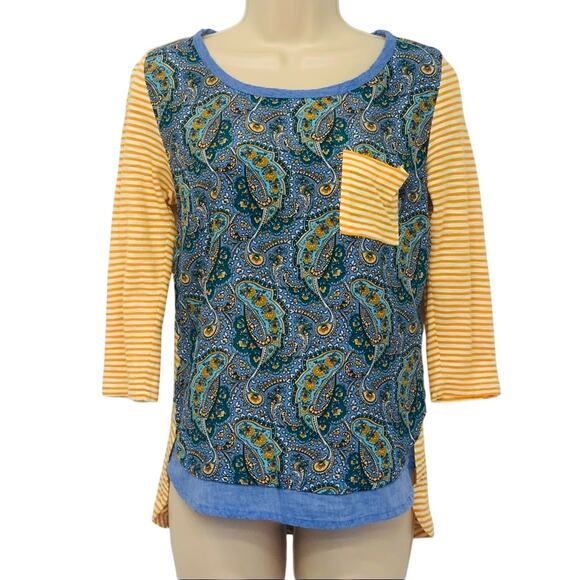Y2k Anthropologie Postage Stamp Mix Media Popover Top Yellow Blue Paisley Print - Picture 1 of 16